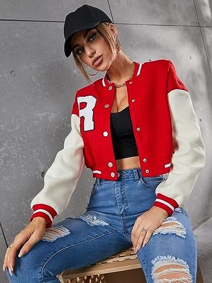 Women's Casual Baseball Jacket Colorblock Button Crop Bomber Jacket mens clothing sports wear