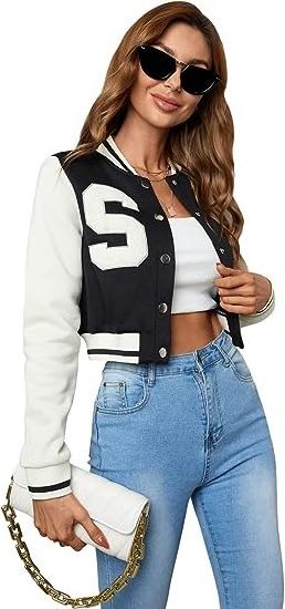 Women's Casual Baseball Jacket Colorblock Button Crop Bomber Jacket mens clothing sports wear