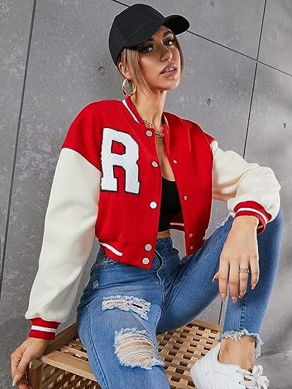 Women's Casual Baseball Jacket Colorblock Button Crop Bomber Jacket mens clothing sports wear