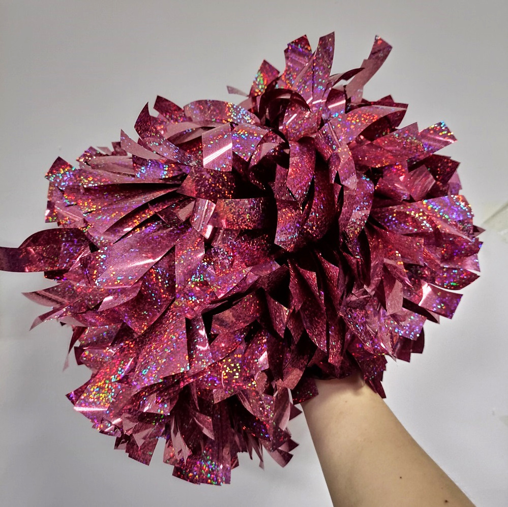 6 inch shiny pink hologratic color cheer poms team practice wholesale custom cheerleading pom pom cheer metallic accessories