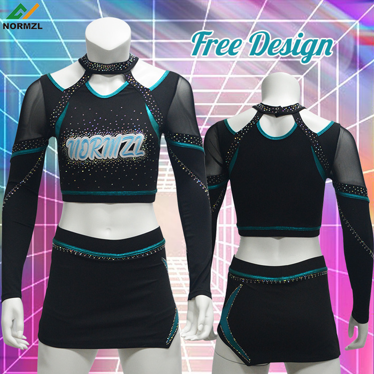 Wholesale Latest High School Long Sleeve Girl Cheerleader Skirt Costume Custom Rhinestone Cheerleading Uniforms