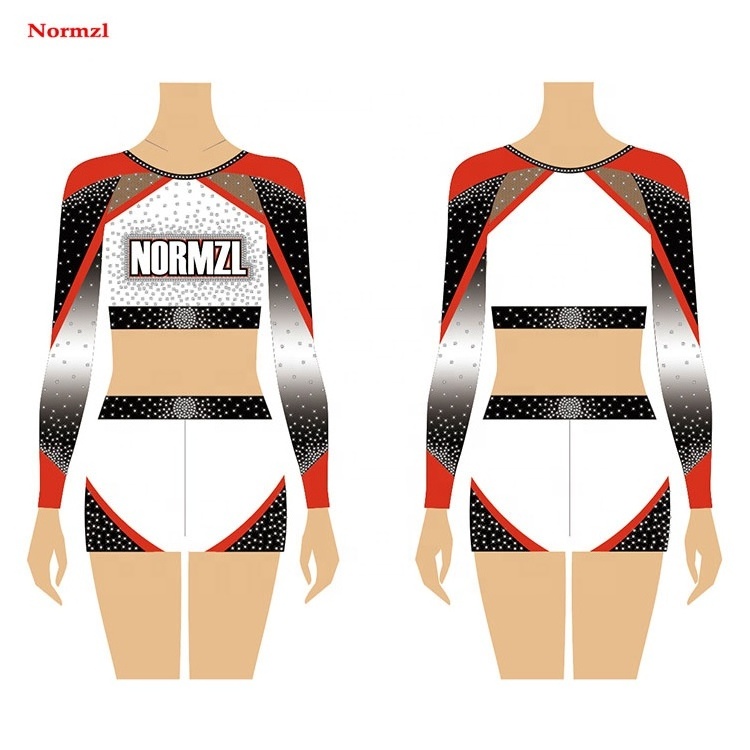 Normzl Wholesale Custom Fashion Red And Black Two Piece Long Sleeve Cheerleading Uniforms