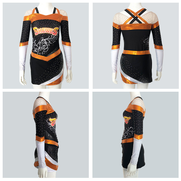 Wholesale orange rhinestone cheerleader skirt design your own cheerleading uniforms