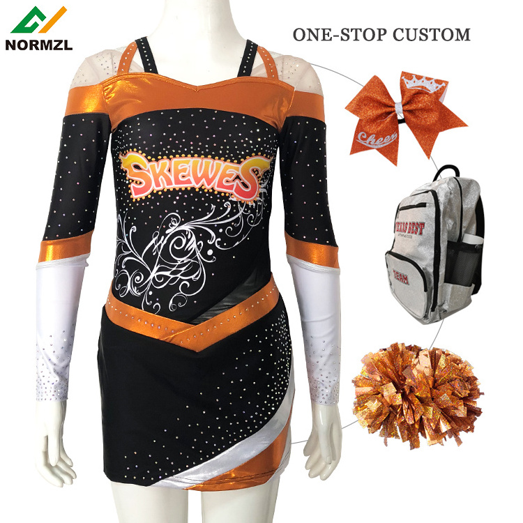 Wholesale orange rhinestone cheerleader skirt design your own cheerleading uniforms