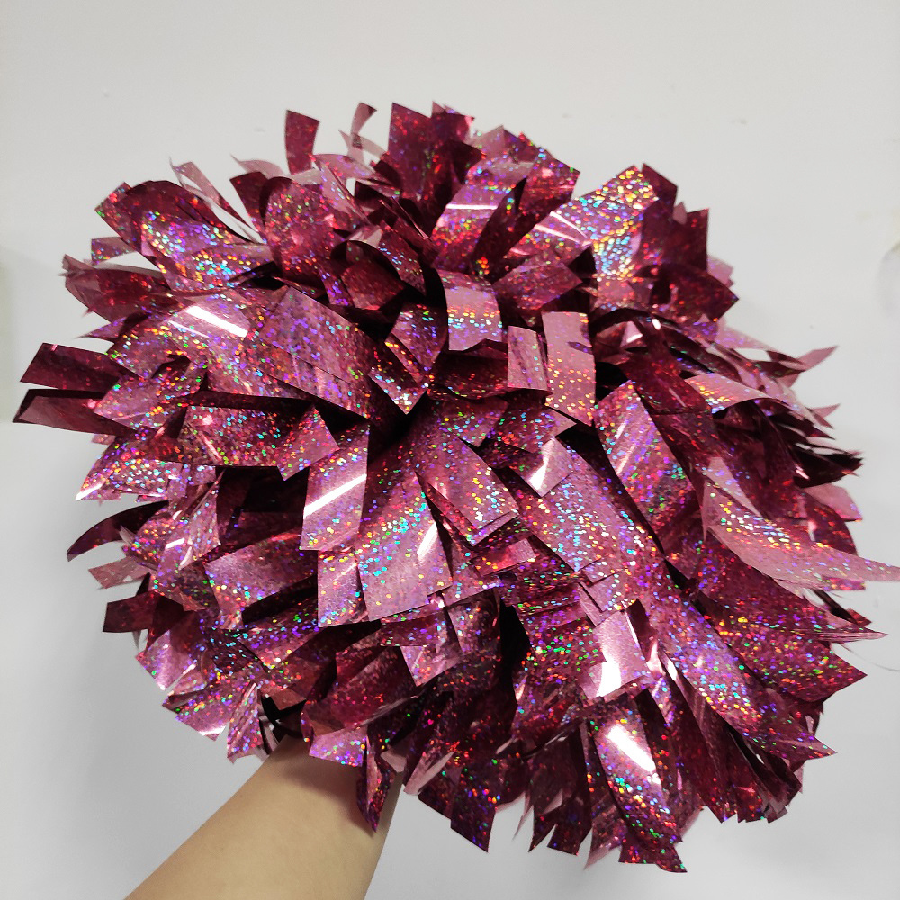 6 inch shiny pink hologratic color cheer poms team practice wholesale custom cheerleading pom pom cheer metallic accessories