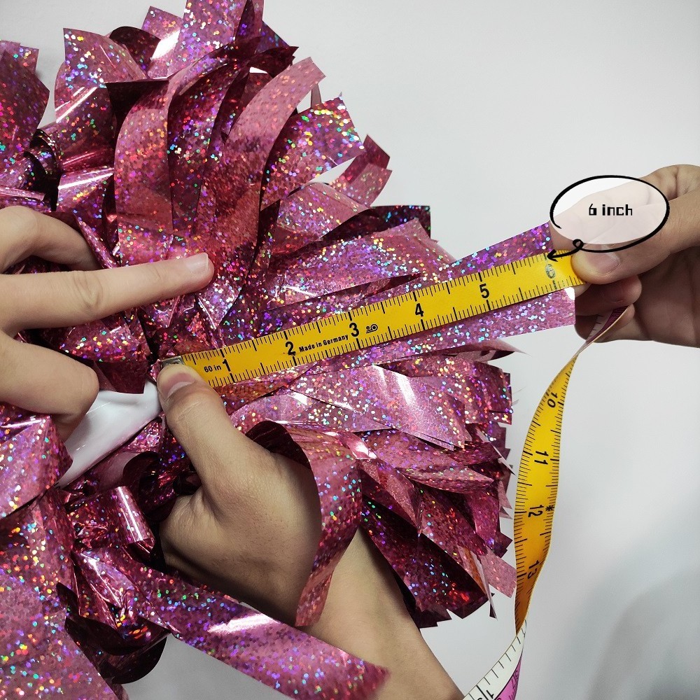 6 inch shiny pink hologratic color cheer poms team practice wholesale custom cheerleading pom pom cheer metallic accessories