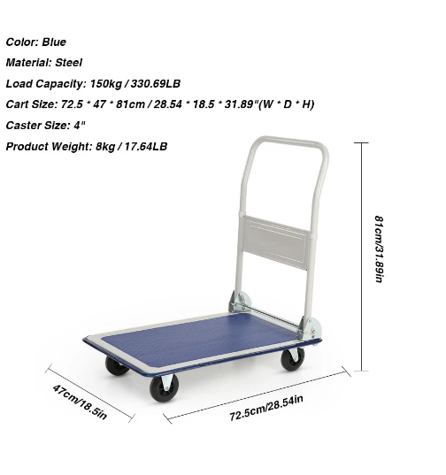 Heavy-duty 150KG Capacity Folding Platform Truck Cart Warehouse Foldable Dolly Hand Truck 4 Wheels