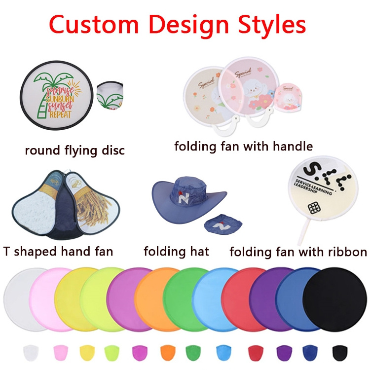 Customized Sublimation Diy Printed Pop Up Round Hand Fan Flexible Foldable Nylon Flying Disc Fans For Summer Promotional