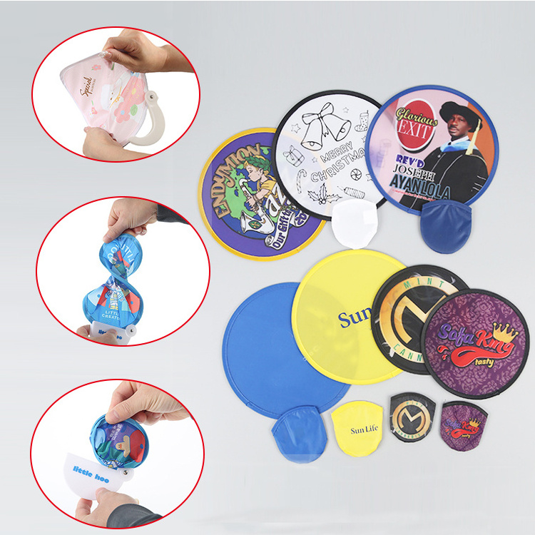 Customized Sublimation Diy Printed Pop Up Round Hand Fan Flexible Foldable Nylon Flying Disc Fans For Summer Promotional