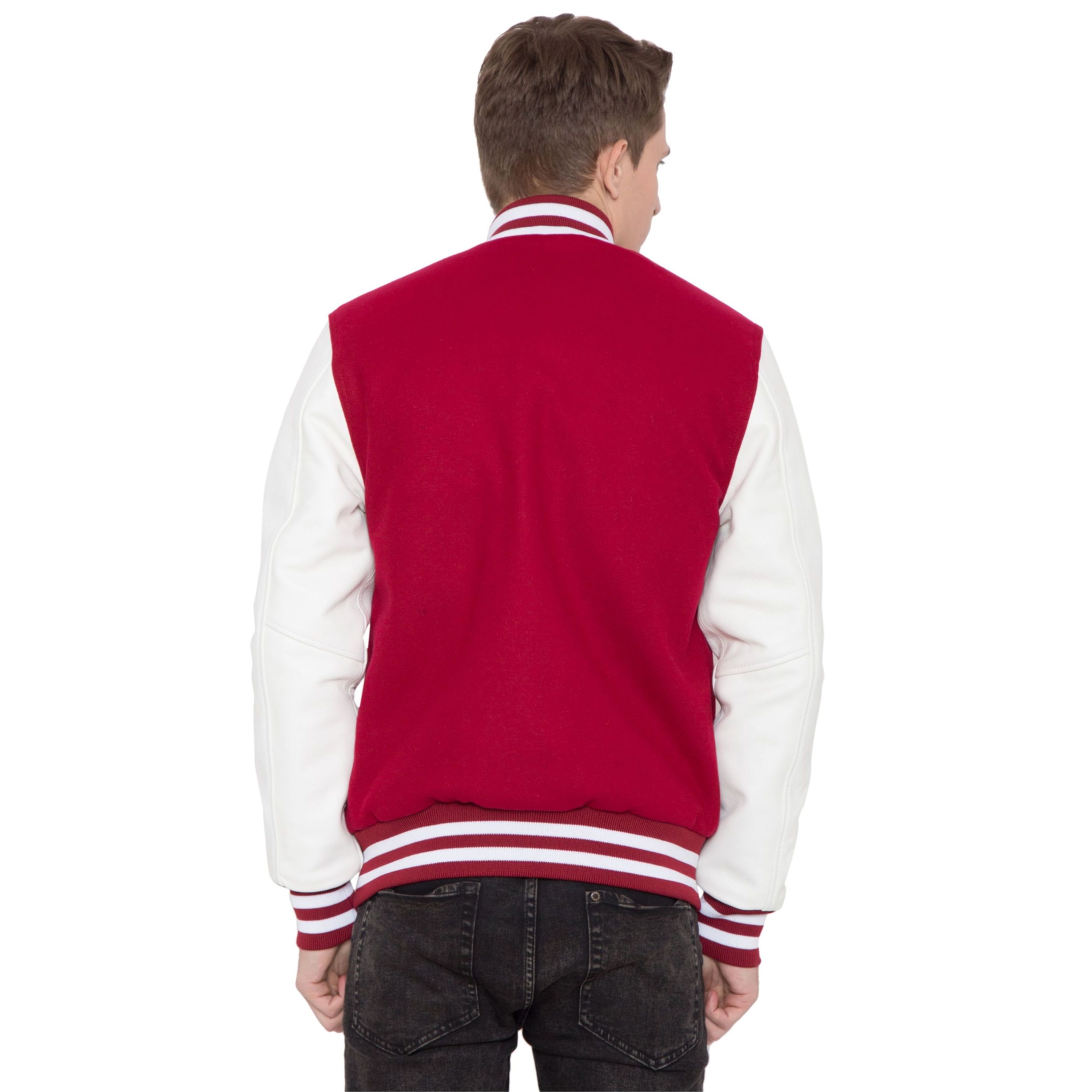 100% Cashmere Wool Body and Genuine Cowhide Leather Sleeves Rose Red & White Letterman Varsity Jacket