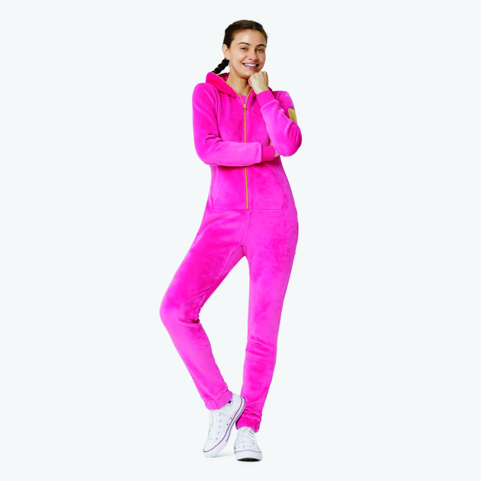 100% Polyester One Way Zipper Opening Front Kangaroo Pocket Pink Women Alps Breathable Soft Velvet Fitted Jumpsuit