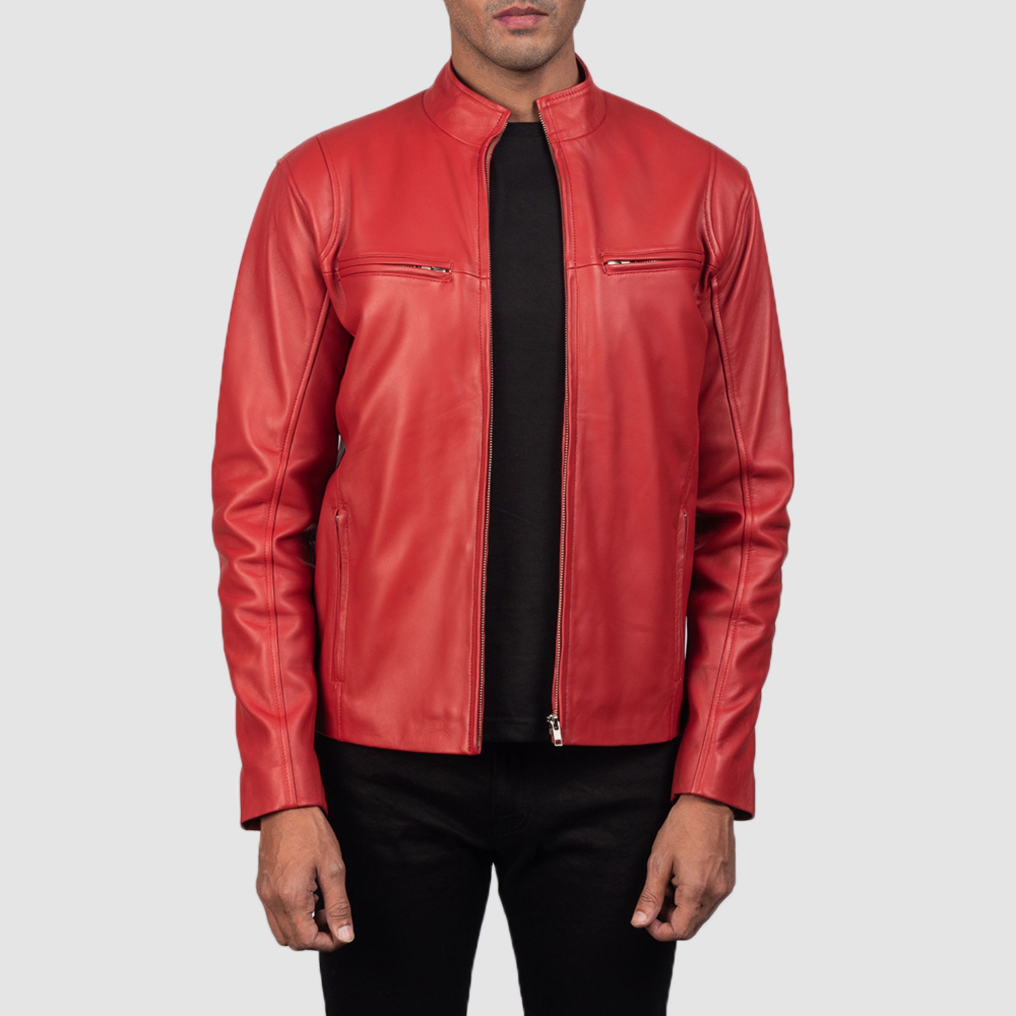 Real Leather Sheepskin Aniline Zipper Iconic Red Men Biker Jacket with Quilted Viscose Lining and Inside Outside Pockets