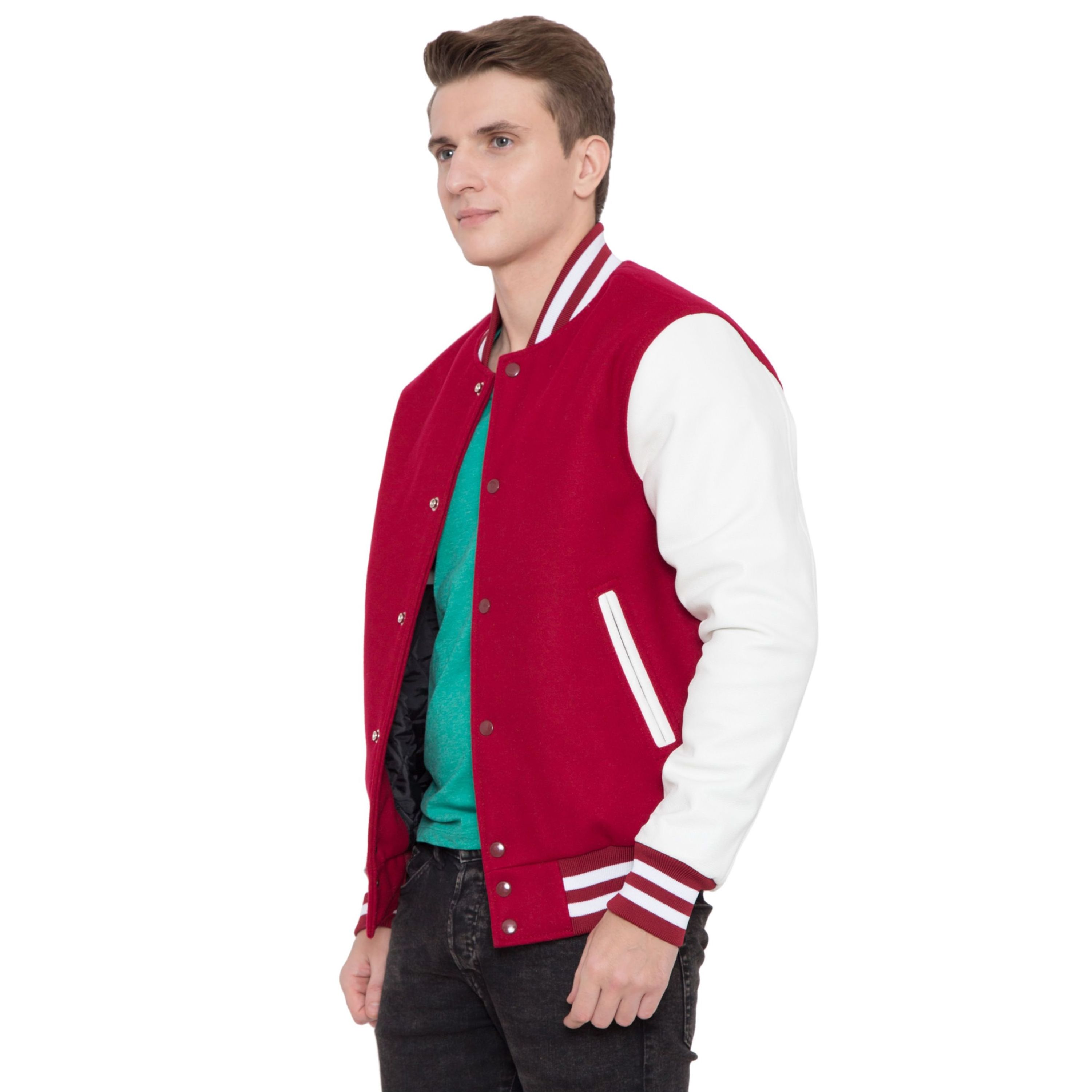 100% Cashmere Wool Body and Genuine Cowhide Leather Sleeves Rose Red & White Letterman Varsity Jacket