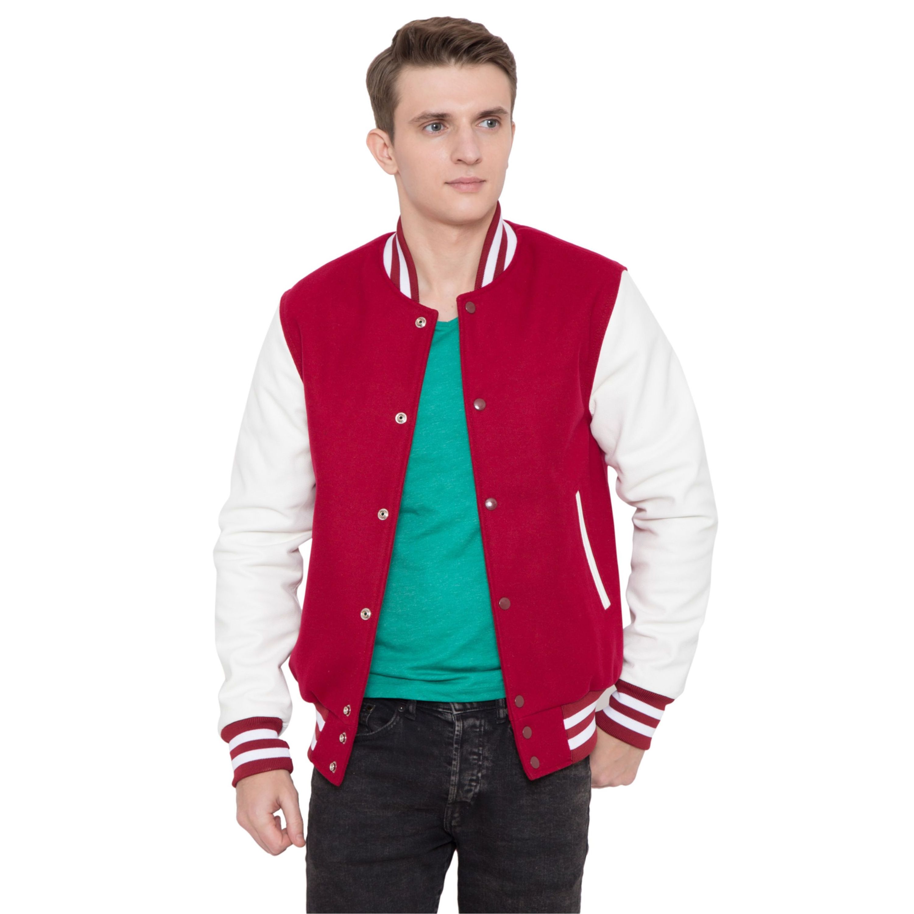 100% Cashmere Wool Body and Genuine Cowhide Leather Sleeves Rose Red & White Letterman Varsity Jacket