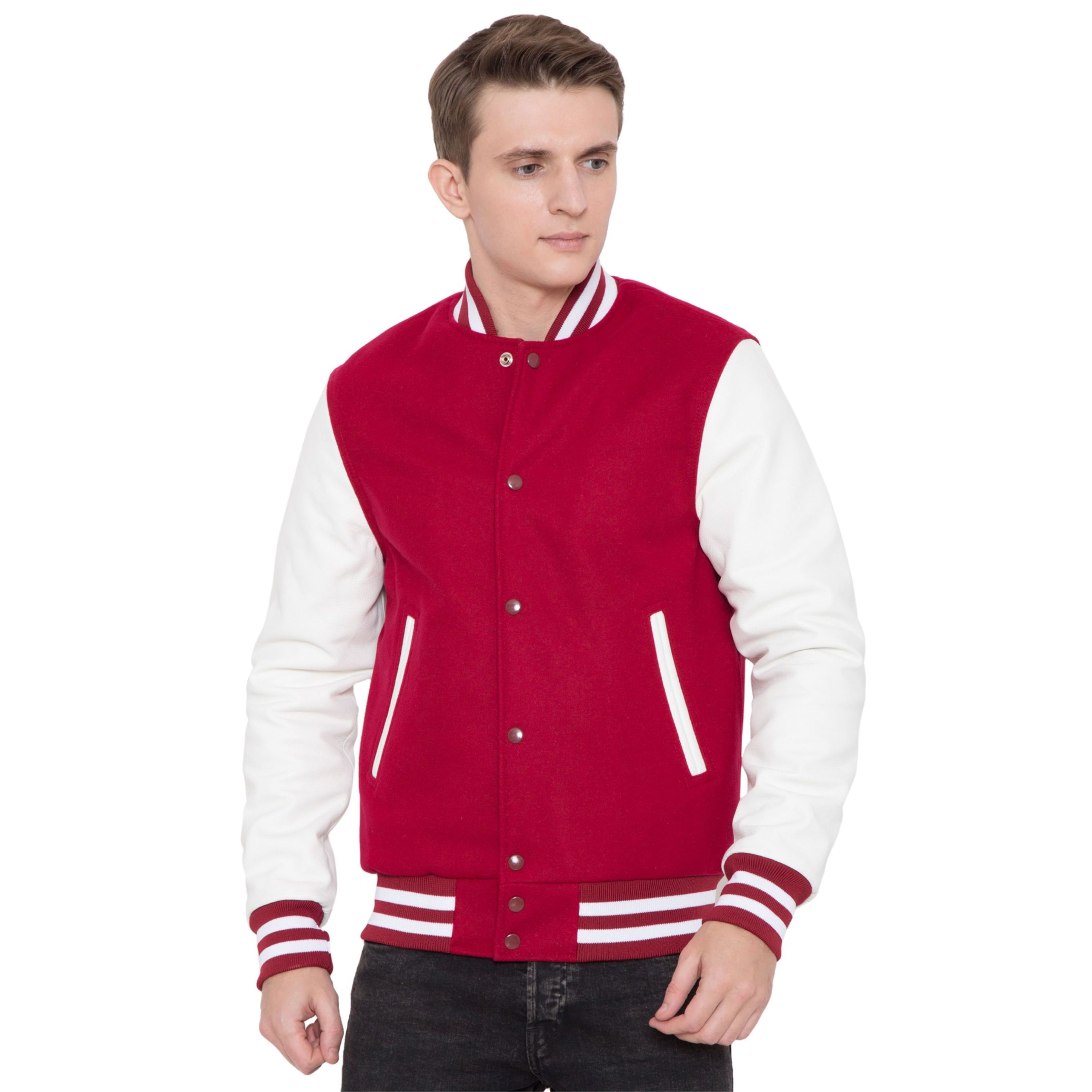 100% Cashmere Wool Body and Genuine Cowhide Leather Sleeves Rose Red & White Letterman Varsity Jacket