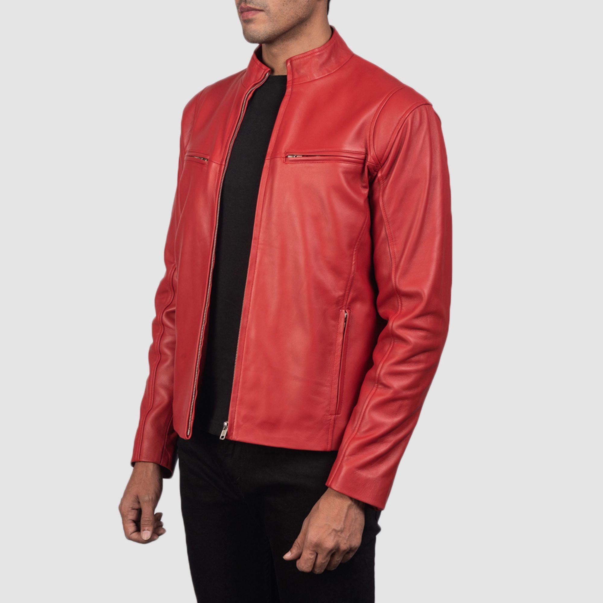 Real Leather Sheepskin Aniline Zipper Iconic Red Men Biker Jacket with Quilted Viscose Lining and Inside Outside Pockets