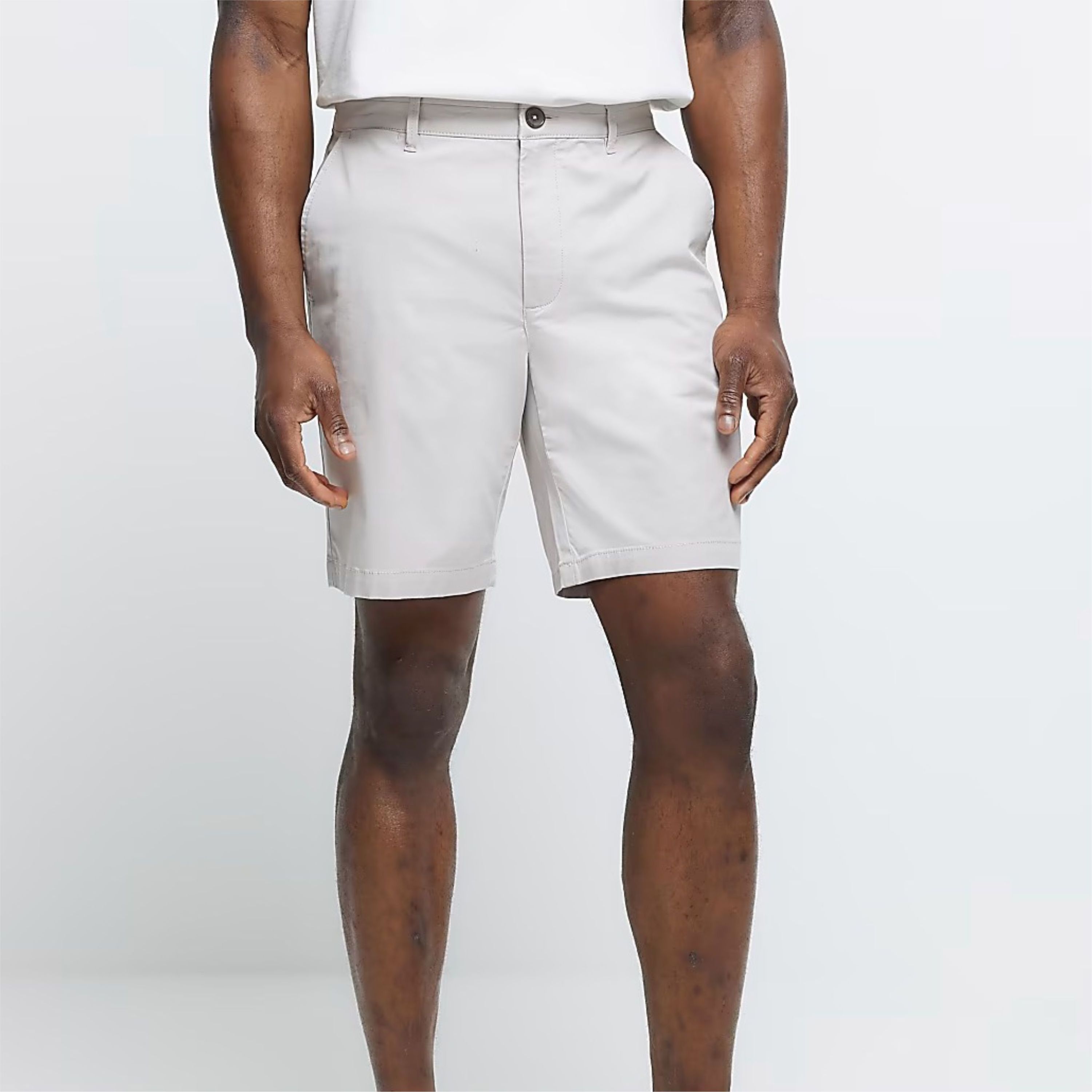 White Slim Fit Chino Shorts - 98% Cotton, 2% Elastane with Side Slip Pockets, Belt Loops, Button and Zip Fastening