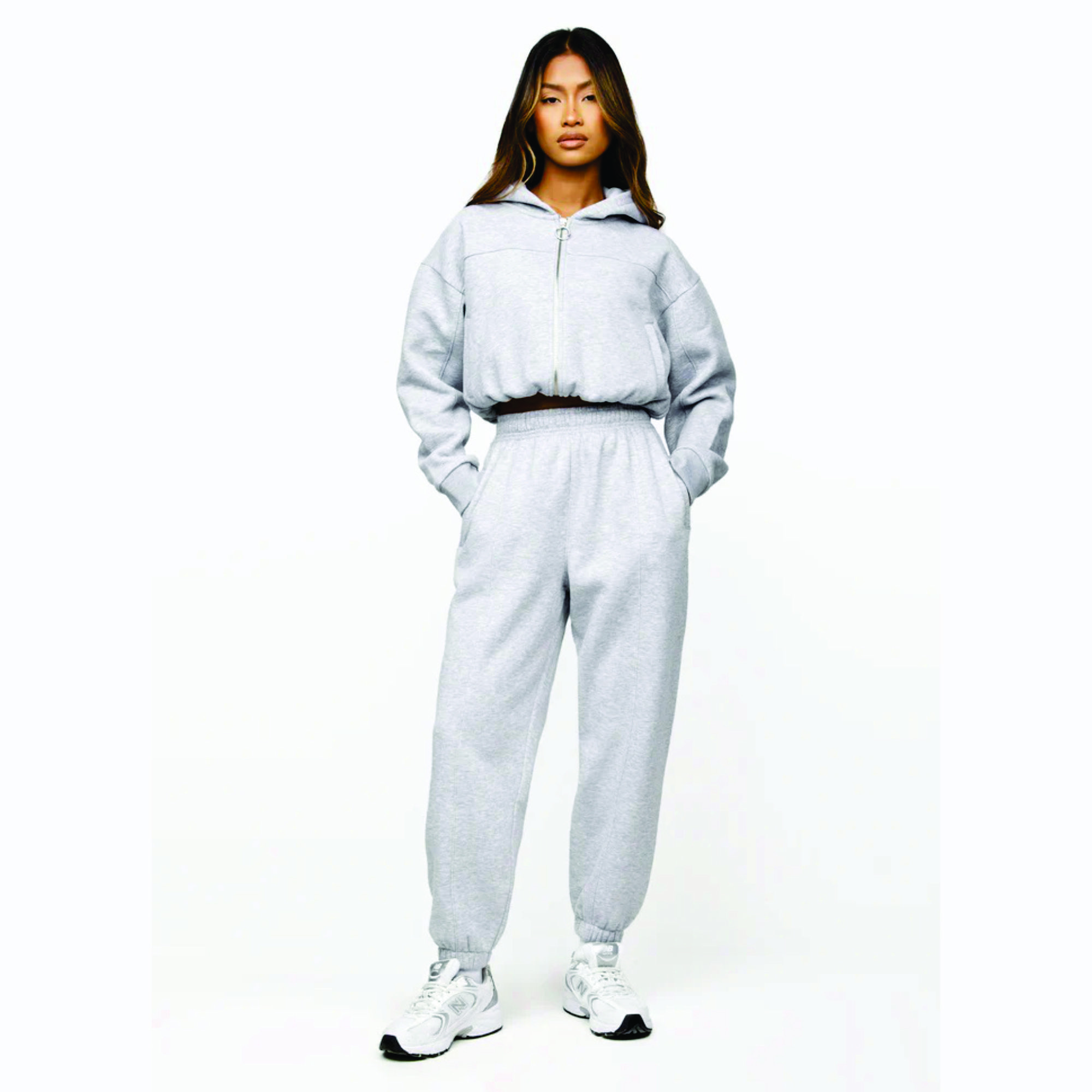 Women's Heather Grey Cropped Hoodie - 65% Cotton, 35% Polyester, Full Zip Athletics Club Tracksuit Top