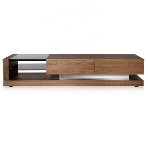 Walnut TV Cabinet Designs MTBQ031 Glass Table TV Unit