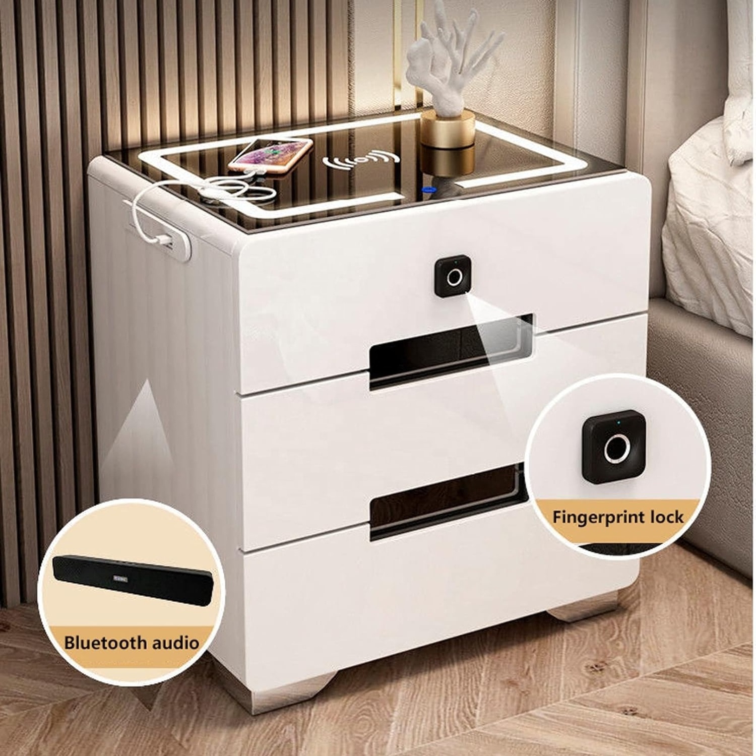 NOVA Smart Bedside Table With Charging Stations Modern Bedroom 3 Drawers Nightstands Wireless Charger LED Light Cabinet