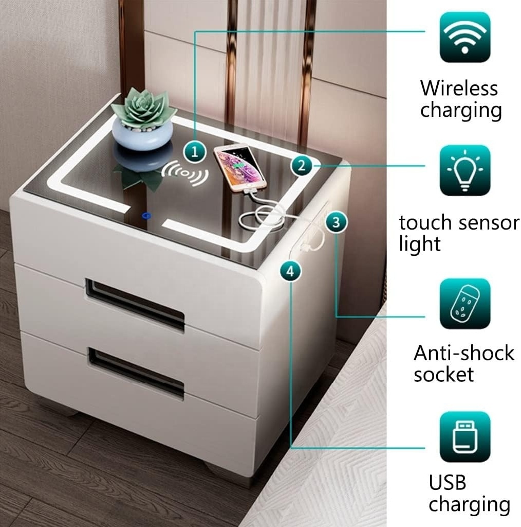 NOVA Smart Bedside Table With Charging Stations Modern Bedroom 3 Drawers Nightstands Wireless Charger LED Light Cabinet