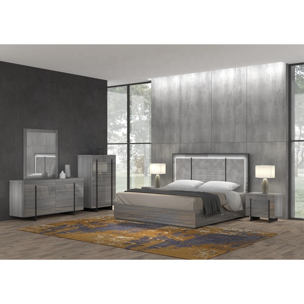 NOVA 2110JAA003 Modern-industrial Design Grey Gloss Finish Bedroom Items With Eucalyptus Grain Black Stripes Decor