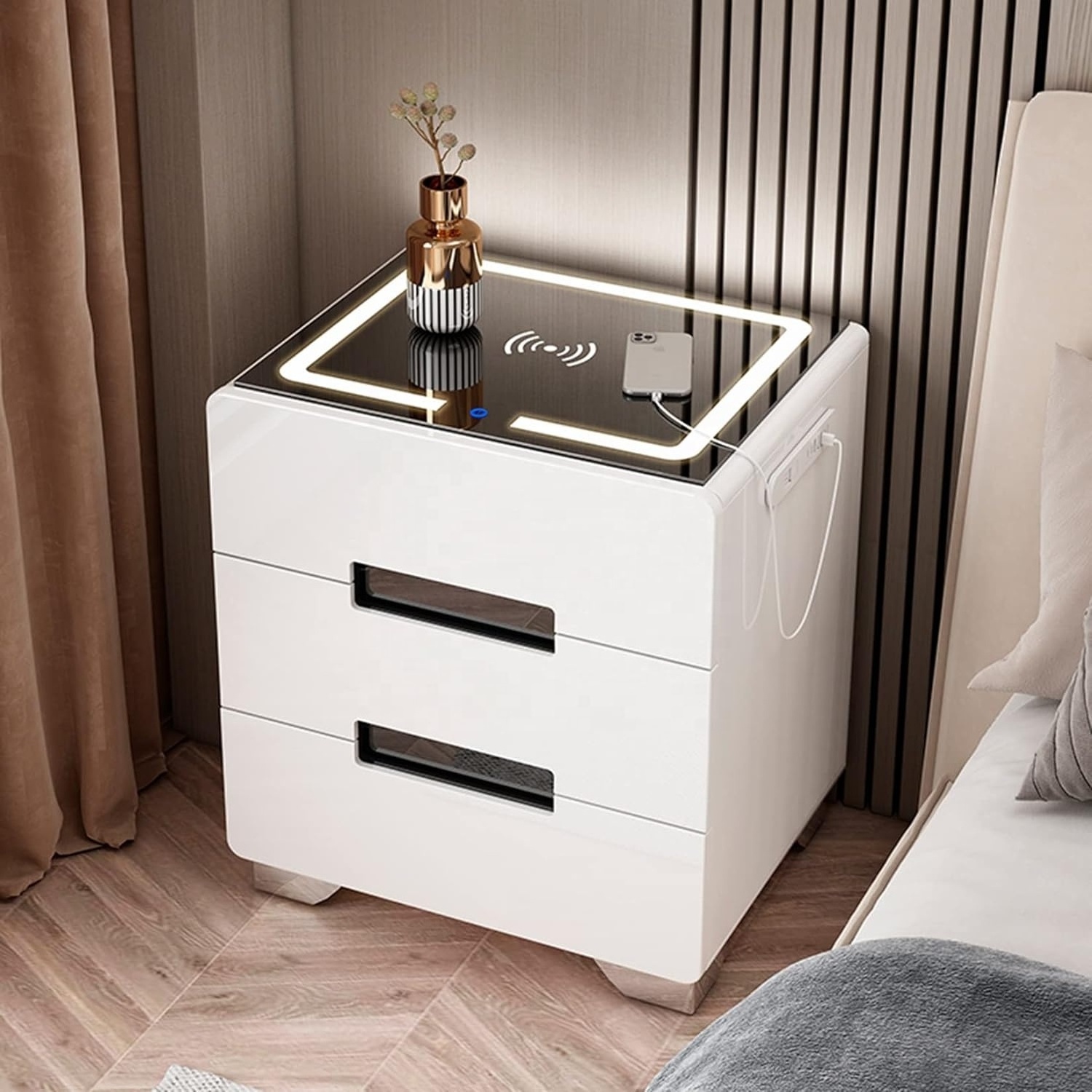 NOVA Smart Bedside Table With Charging Stations Modern Bedroom 3 Drawers Nightstands Wireless Charger LED Light Cabinet