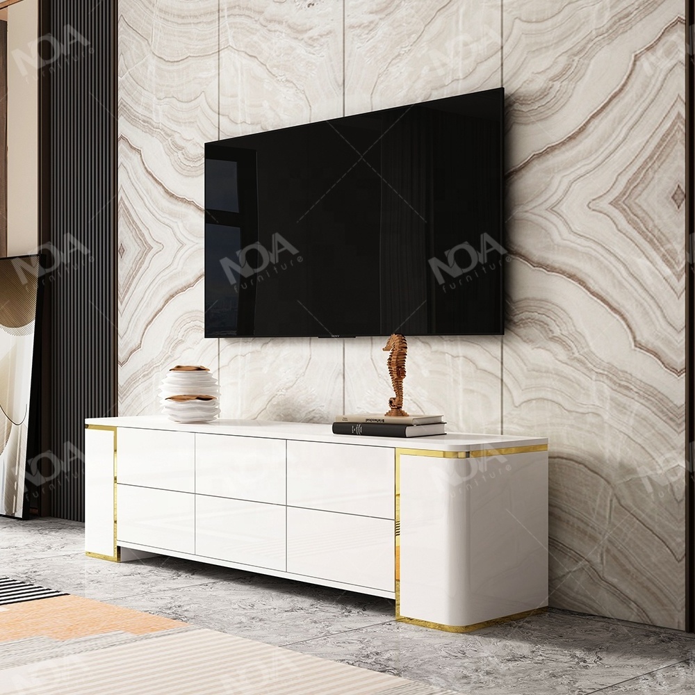 NOVA Modern Luxury Living Room Furniture Set Gold Border Living Room Cabinet Set With TV Cabinet, Coffee Table And Side Cabinet