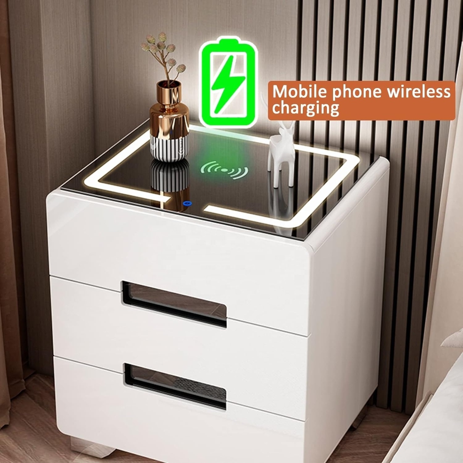 NOVA Smart Bedside Table With Charging Stations Modern Bedroom 3 Drawers Nightstands Wireless Charger LED Light Cabinet