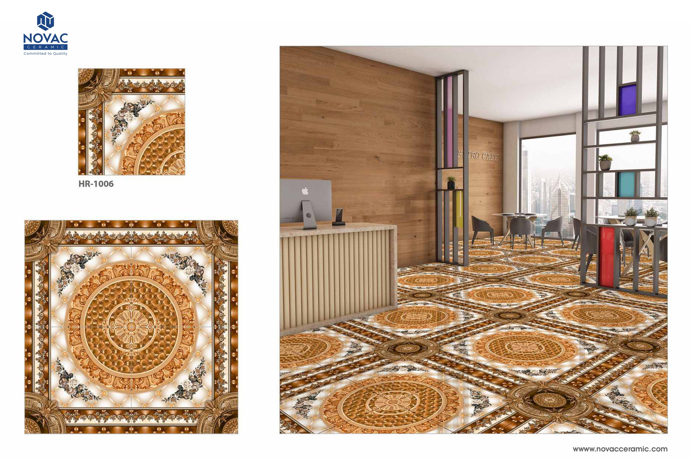 396x396 mm New Galicha Print Ceramic Floor Tiles in Glossy Surface HR-1013 Tiles in Brown Color with Carpet Look Floors by Novac