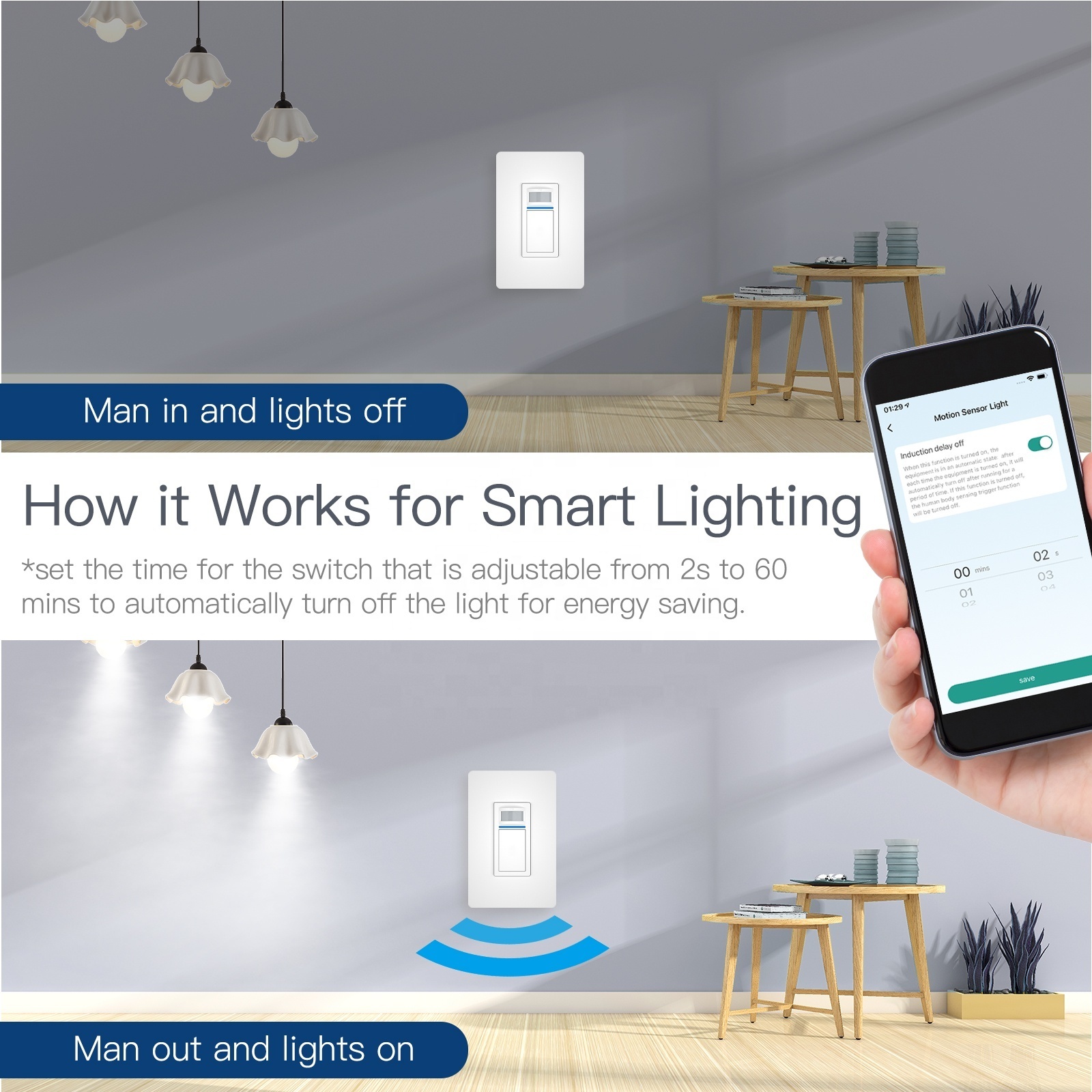 NEW MOES Tuya Smart Motion Sensor Light Switch, Single Pole WiFi PIR Infrared Motion Activated Wall Switch