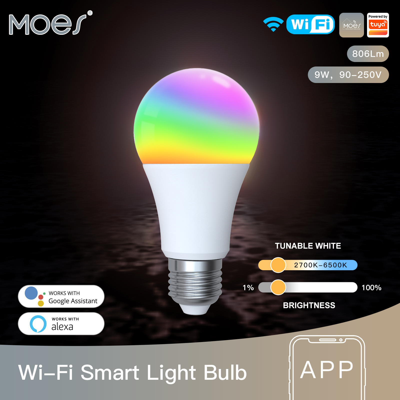 Tuya Smart light bulb 806lm wifi smart bulb RGB colorful 9W Smart lamp