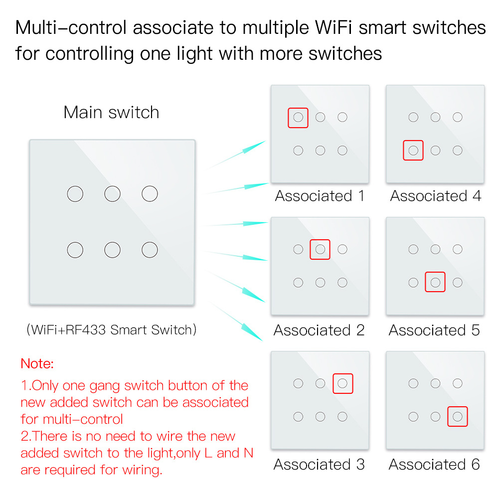 6 gang Tuya smart life home WiFi glass panels light wall touch switch