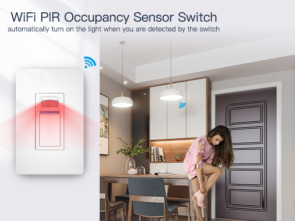 Smart Motion Sensor Light Switch PIR Occupancy Sensor Switch Single Pole 2.4GHz Wi-Fi Light Switch Compatible with Alexa