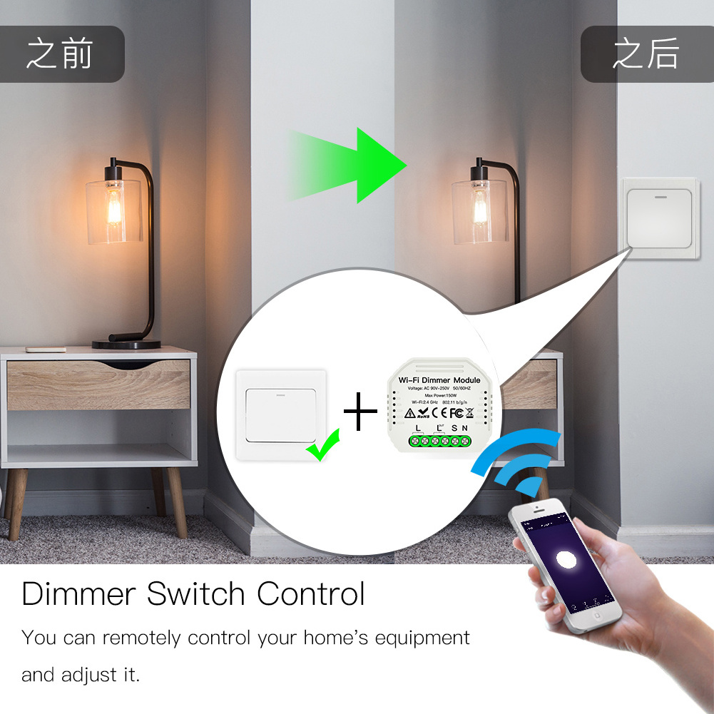 Mini WifI  Smart Home Dimmer Switch Module  for LED Light 2 Ways 2 Gang  Wireless Remote Control Switch EU UK