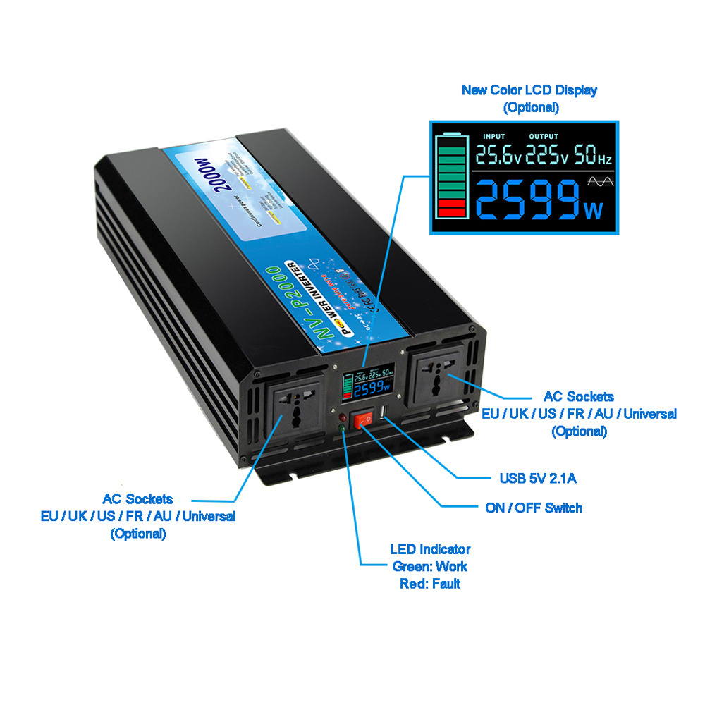 1000W 1KW 1000 Watt Solar Inverter DC to AC Pure Sine Wave for Solar Panel System 48V 24V 12VDC to 110V 120V 220V 230V 240VAC