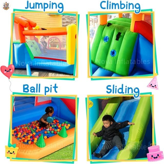 6 in 1 Inflatable Bounce House with Slide and Ball Pit for Kids, Trampoline, Climbing, Soccer Goal and Basketball Slam Dunk Hoop