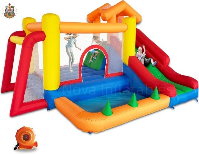 6 in 1 Inflatable Bounce House with Slide and Ball Pit for Kids, Trampoline, Climbing, Soccer Goal and Basketball Slam Dunk Hoop