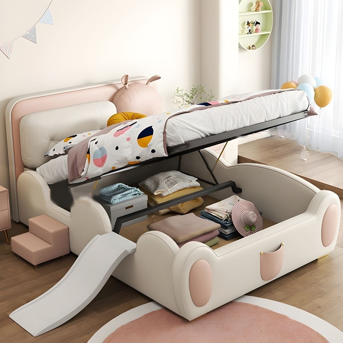 NOVA Luxury Cartoon Cat Design Modern Princess Dream Bed For Kids Girls Room Furniture Child Storage Bed With Slide