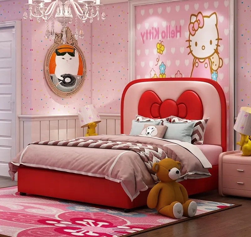 Nova Cute Hello Kitty Girls Bedroom Set Furniture Cartoon Bow Tie Headboard Solid Wood Red Kids Bed Customize Twin Girl Beds