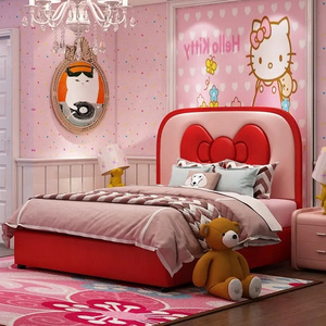 Nova Cute Hello Kitty Girls Bedroom Set Furniture Cartoon Bow Tie Headboard Solid Wood Red Kids Bed Customize Twin Girl Beds