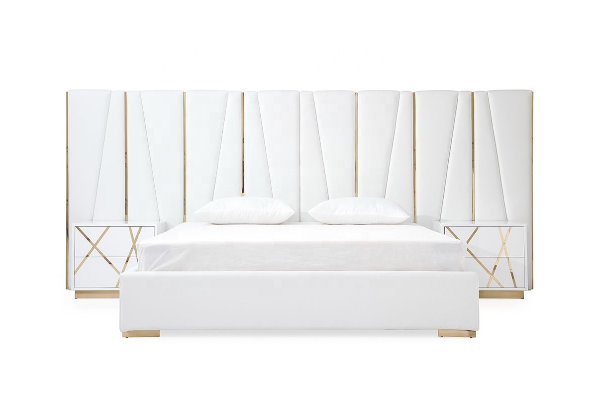 NOVA White High Gloss California King Bedroom Gold Headboard 3 Piece Set Furniture Modern Luxury Double Queen Bed