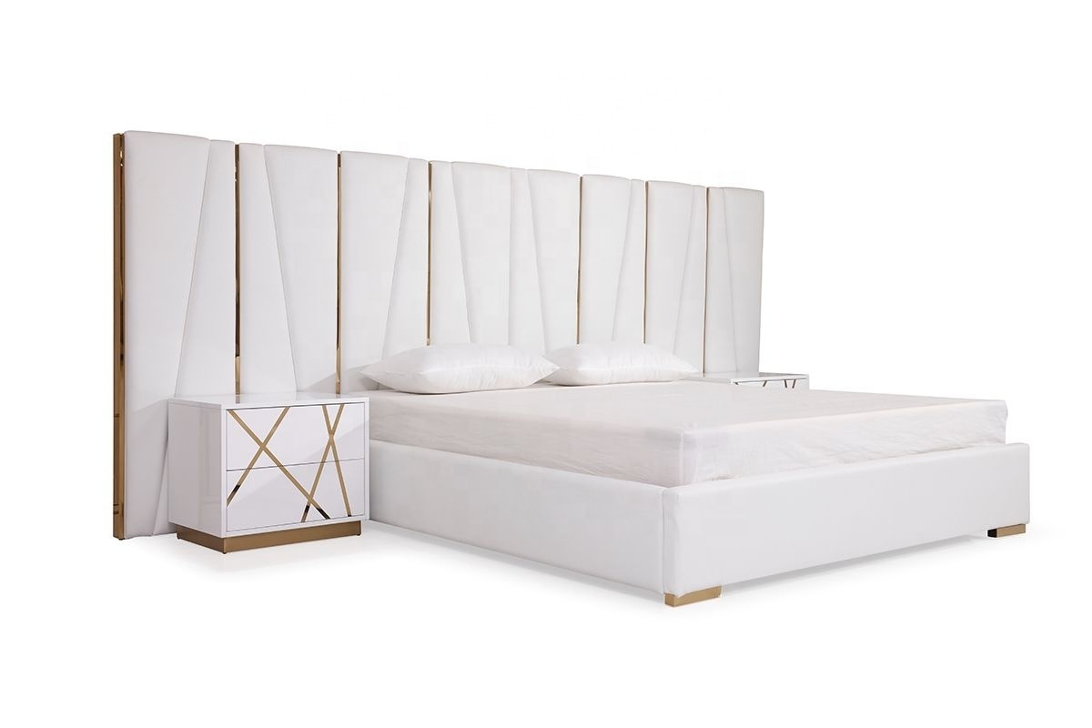 NOVA White High Gloss California King Bedroom Gold Headboard 3 Piece Set Furniture Modern Luxury Double Queen Bed