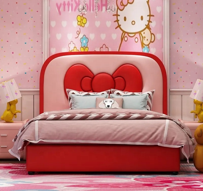 Nova Cute Hello Kitty Girls Bedroom Set Furniture Cartoon Bow Tie Headboard Solid Wood Red Kids Bed Customize Twin Girl Beds