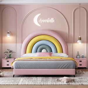 NOVA Solid Wood Children Beds Frame Wholesale Girls Bedroom Furniture Pink Cute Kids Upholstered Rainbow Bed With Storage