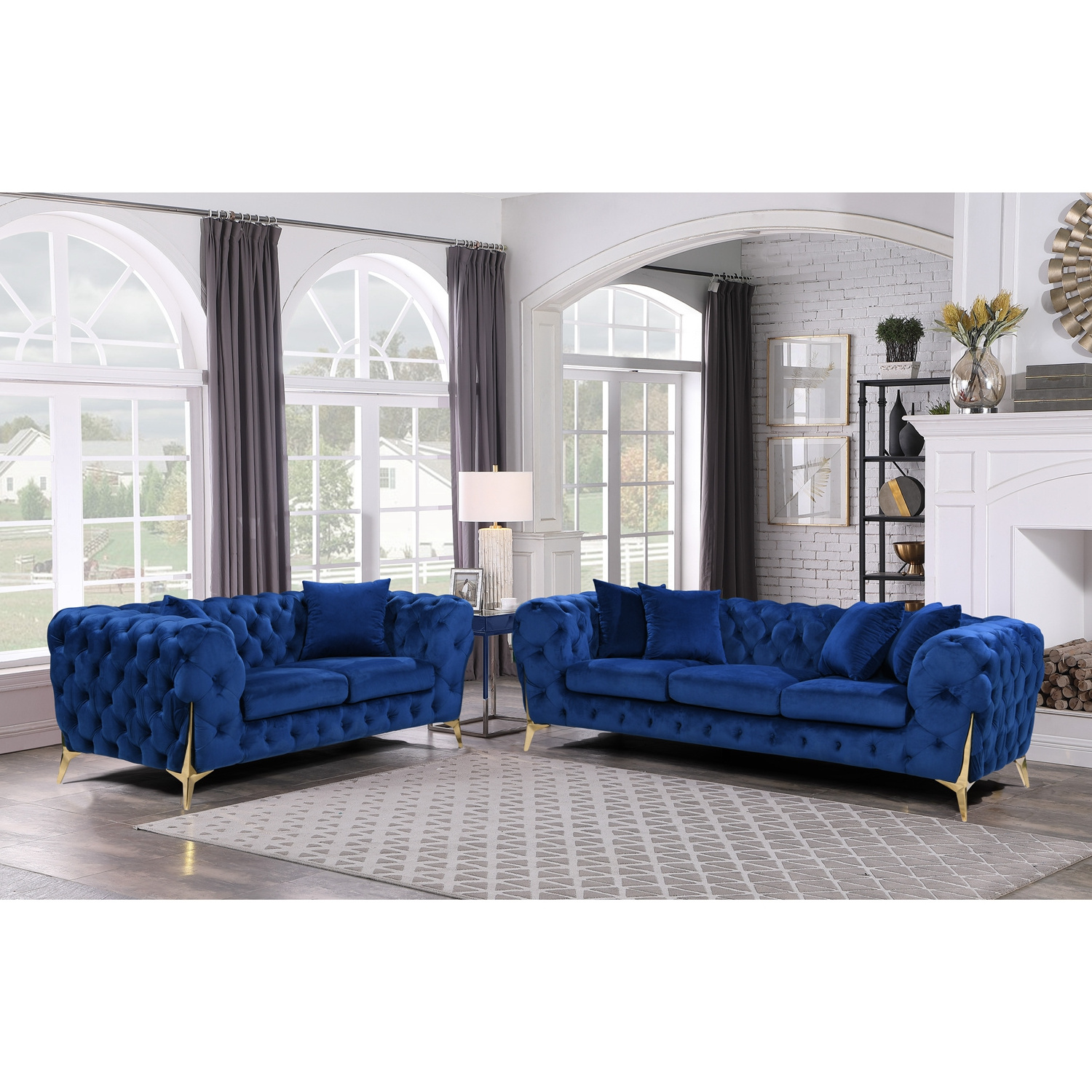 NOVA Blue Royal Classical 3-Seater Sofa Set Luxury Living Room Furniture Italian Fancy Large Velvet Fabric Couches Sofa