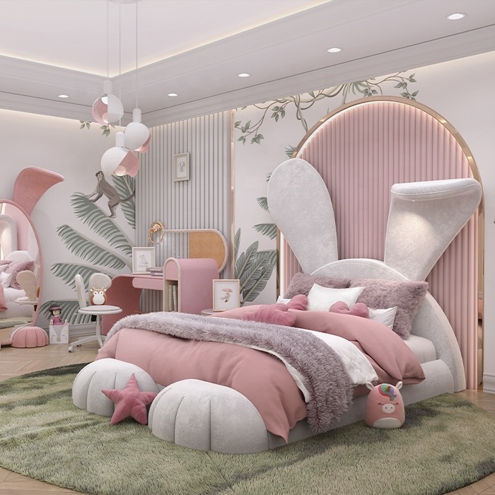 NOVA New Bunny Kids Bed Room Furniture Pink Princess Girls Bedroom Rabbit Design Children Bed Upholstered Fabric Girls Beds