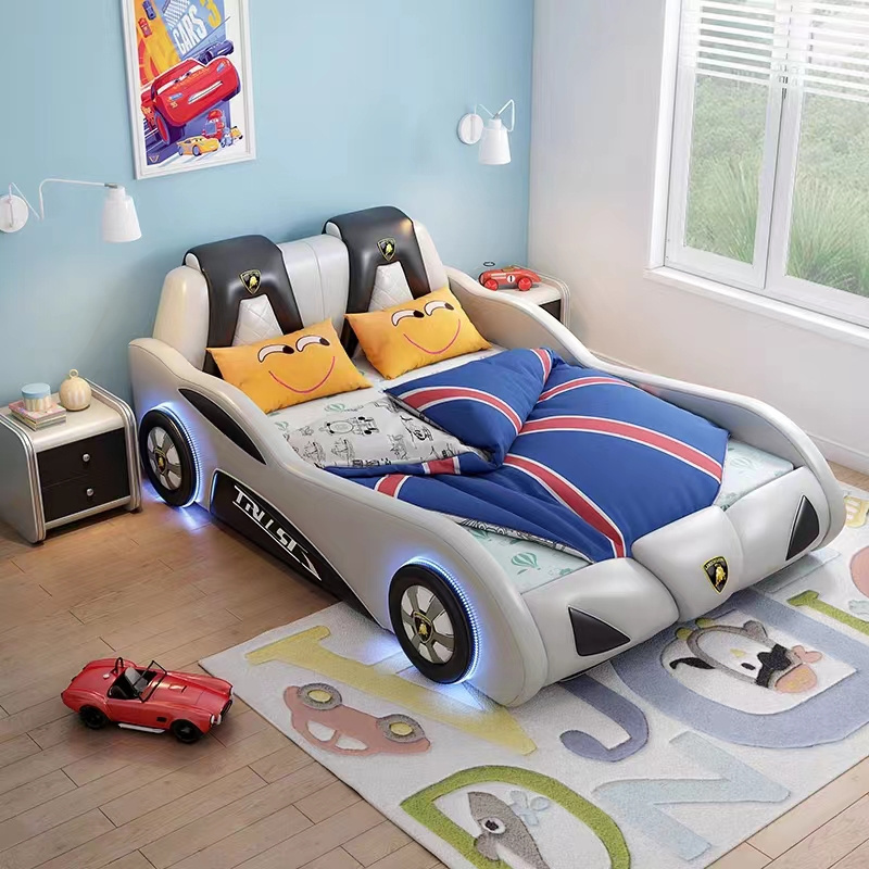 Nova New Multi-Functional PU Leather Children's Bedroom Furniture Car Bed For Kids Boy With Lights And Bluetooth Sound System