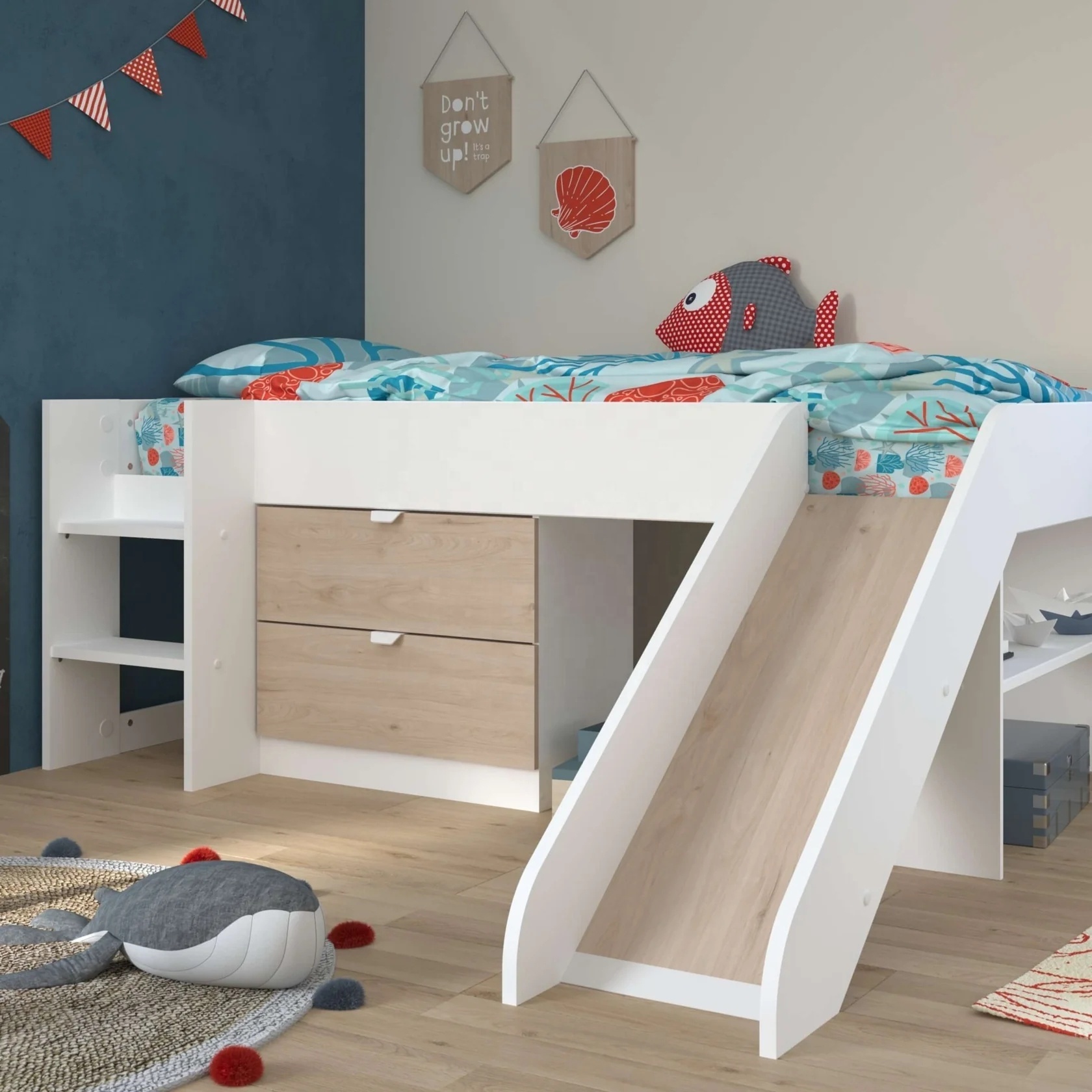 NOVA Modern Kids Bedroom Wooden Low Bunk Bed With 2 Drawers Children Room Full Size Single Bed With Slide