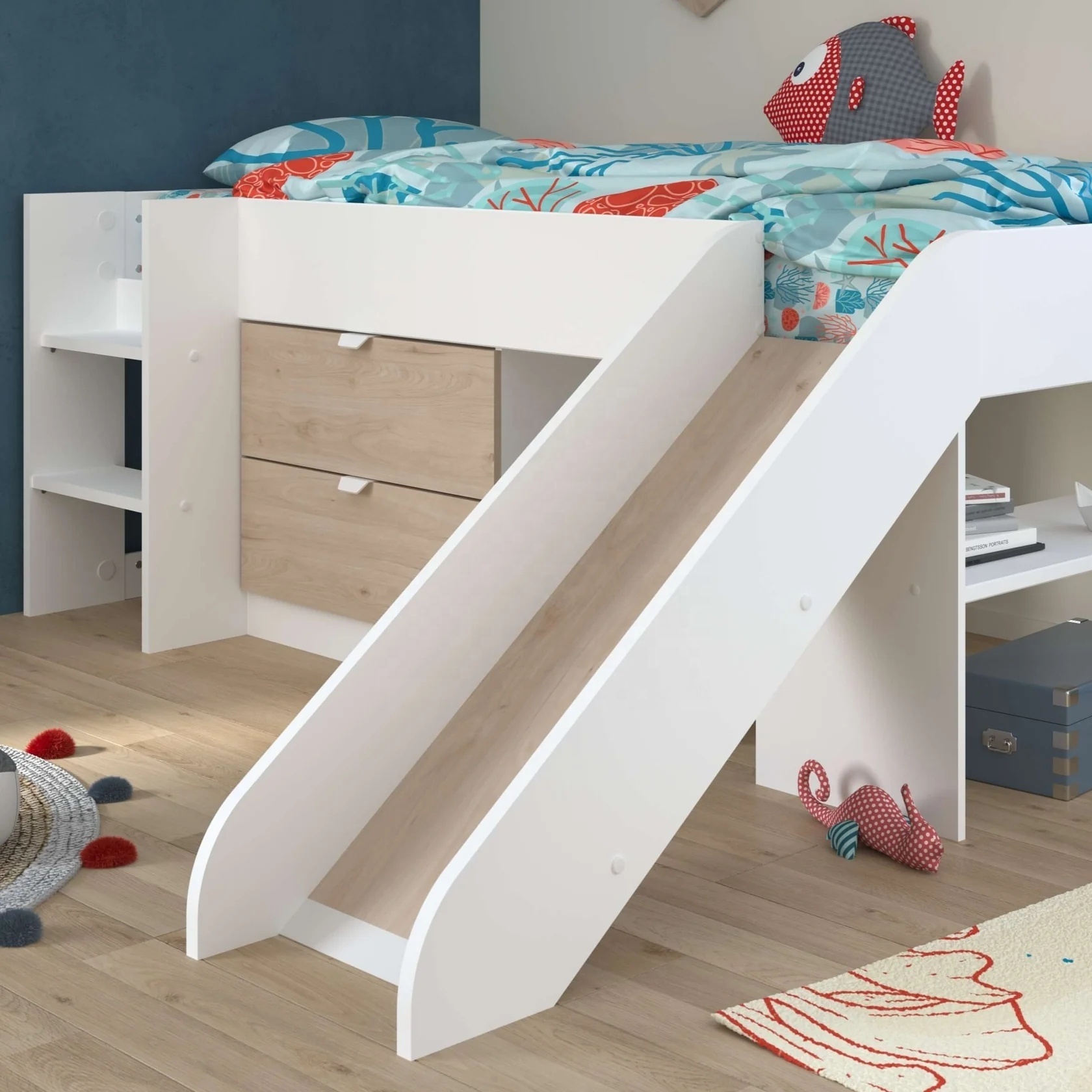 NOVA Modern Kids Bedroom Wooden Low Bunk Bed With 2 Drawers Children Room Full Size Single Bed With Slide